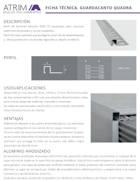 3422 ALUMINIO GUARD. QUADRA 10x10mm x 2,5m ORO MATE