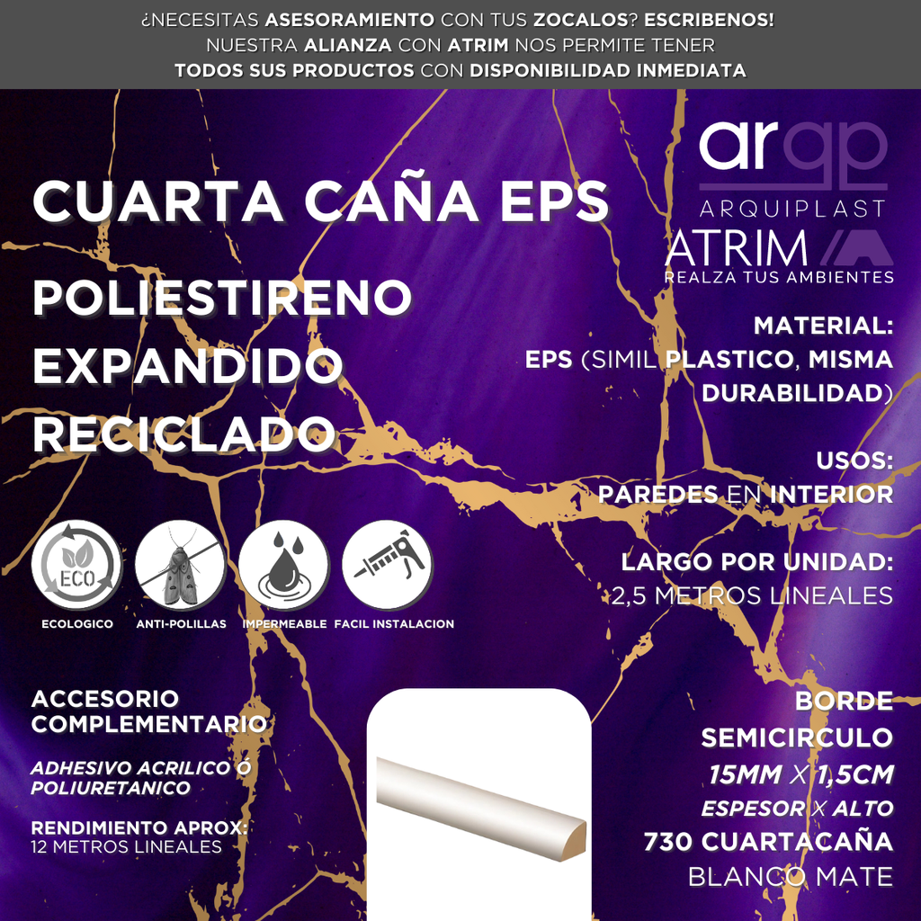 CUARTA CAÑA ATRIM 730 EPS PLASTICO BLANCO 1,5CM - 15x15x2,5mts