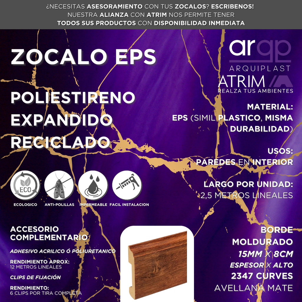 ZOCALO ATRIM CURVES 2347 EPS PLASTICO AVELLANA 8CM - 15x80x2,5mts