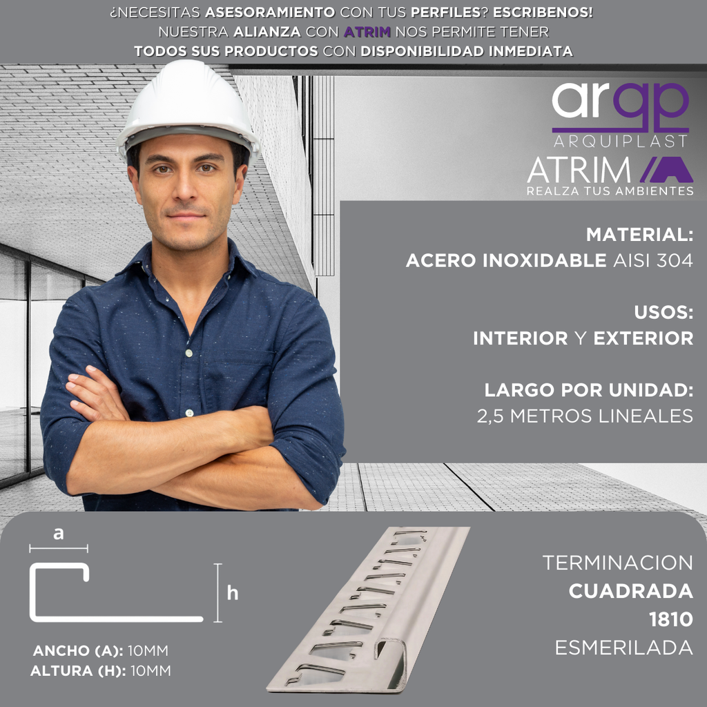 Varilla Terminación Cuadrada Acero Inoxidable 10mmx10mm Atrim 1810ESM ESMERILADA