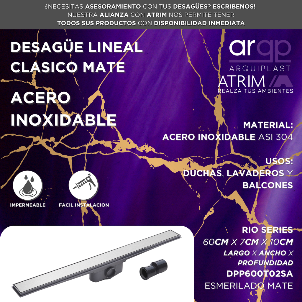 DESAGÜE LINEAL ATRIM RIO CLASICO TAPA CIEGA DPP600T02SA - 60CM - ACERO INOXIDABLE MATE - 60cm/24"
