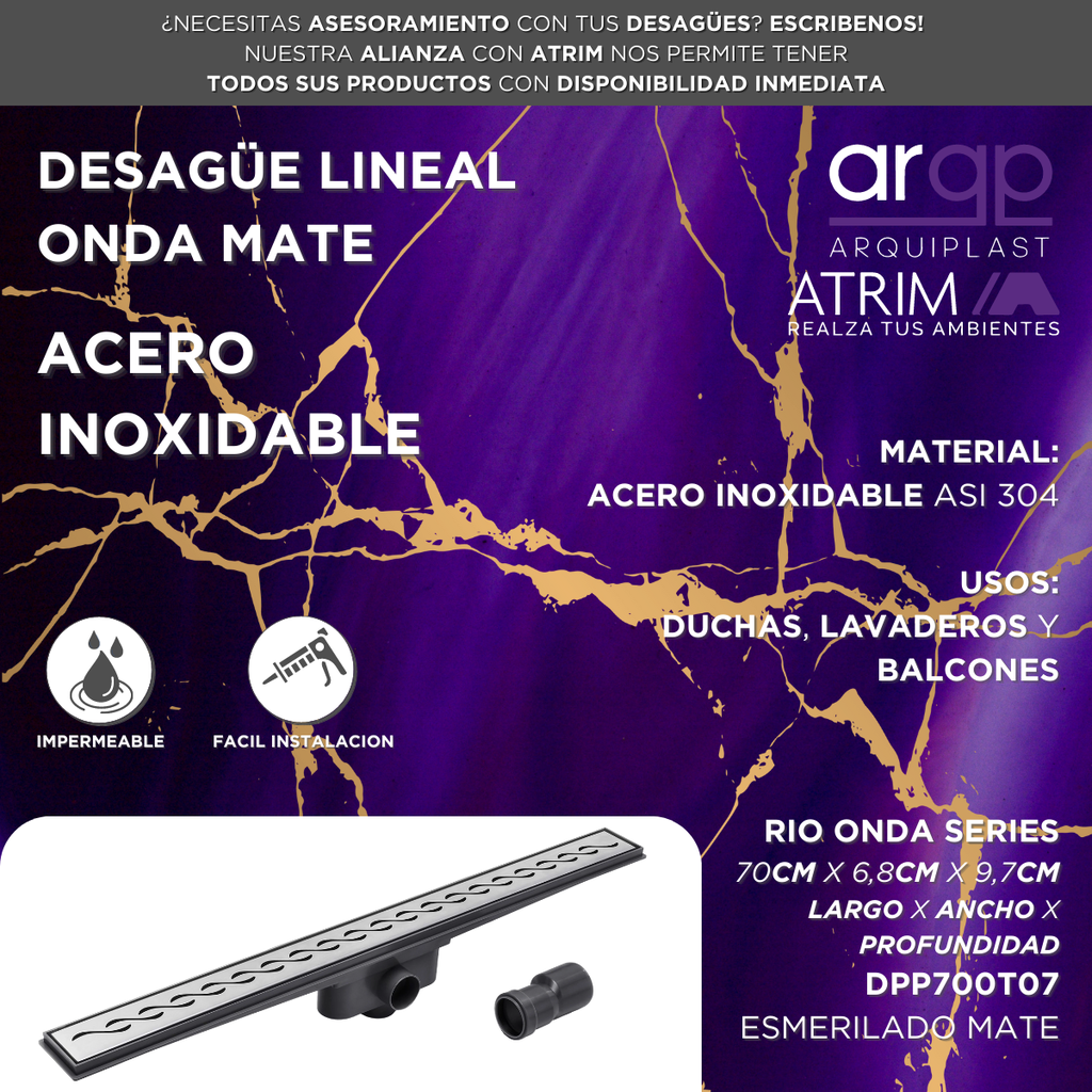 DESAGÜE REJILLA LINEAL ATRIM RIO ONDA MATE DPP700T07 - 70CM - ACERO INOXIDABLE MATE - 28"
