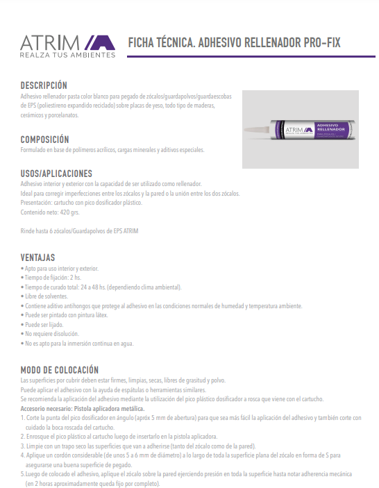500 PROFIX ADHESIVO RELLENADOR CARTUCHO 420mL BLANCO