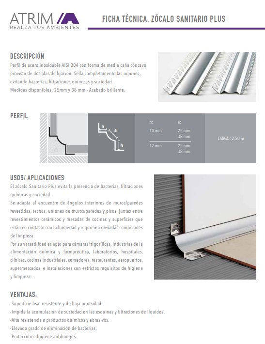 682 ACERO INOX. ZÓCALO SANIT.PLUS 25mm 12x10mm x2,5m BTE