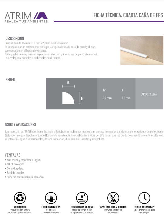 730 CUARTA CAÑA ATRIM EPS PLASTICO BLANCO 1,5CM - 15x15x2,5mts