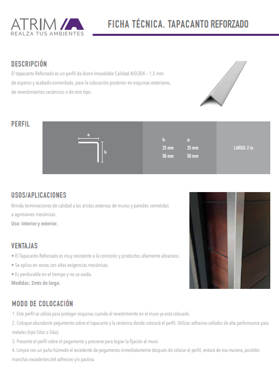1182 ACERO INOX. TAPACANTO REFORZADO 25x25mm x 2m ESM