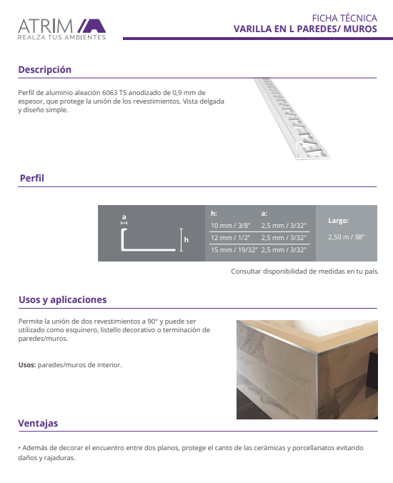 1504 ALUMINIO VARILLA EN L 15mm x 2,50m CROMO BTE A1